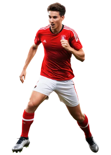 male soccer player, athletic build, sweaty skin, messy short hair, determined facial expression, wearing soccer jersey, shorts, shin guards, cleats, dynamic pose, kicking ball, running, jumping, celeb