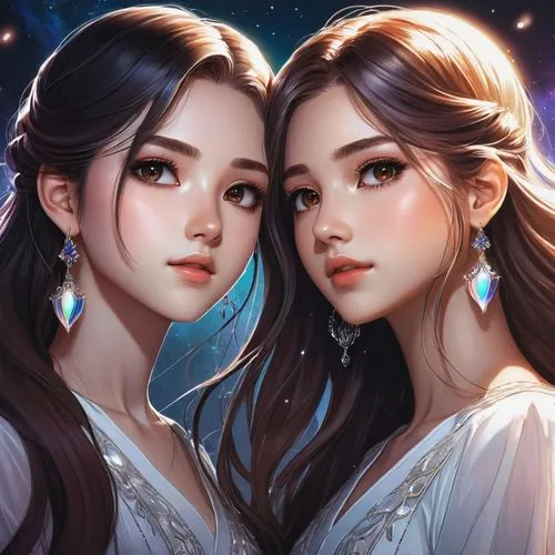 gemini,fairy tale icons,two girls,fairies,fantasy portrait,kimjongilia,vintage fairies,ao dai,moon and star,princesses,angels,twin flowers,game illustration,fantasy art,sun and moon,fantasy picture,romantic portrait,cg artwork,sisters,twins,Conceptual Art,Fantasy,Fantasy 17