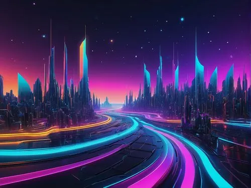 futuristic landscape,colorful city,cartoon video game background,fantasy city,neon arrows,3d background,night highway,cyberspace,fantasy landscape,city highway,colorful star scatters,highway lights,3d car wallpaper,background colorful,virtual landscape,alien world,art background,art deco background,3d fantasy,abstract background,Art,Artistic Painting,Artistic Painting 21