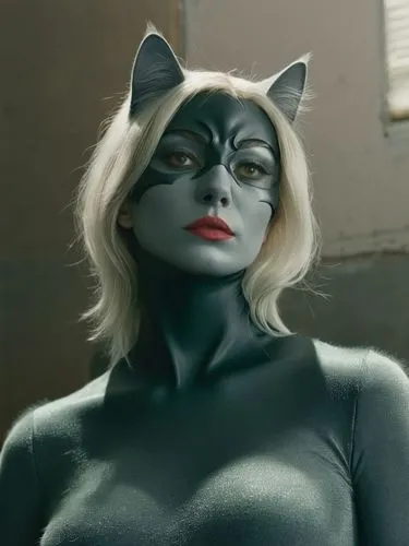 Cat woman,a woman wearing black cat makeup in a gray room,catwoman,grizabella,pussycat,black cat,purgatoire,puma,Photography,Documentary Photography,Documentary Photography 07