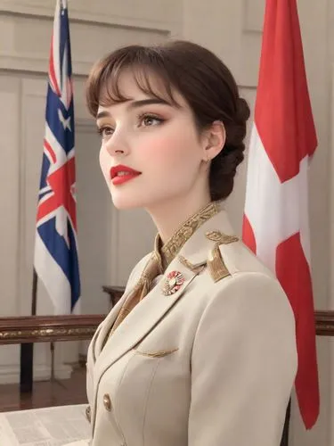 a female in a tan jacket with some flags around her,military uniform,elizabeth ii,goc,zindzi,monarchist,mayoress