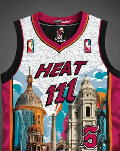 Design a Miami Heat jersey that incorporates iconic Miami landmarks.,heat,sports jersey,ordered,bicycle jersey,christmas mock up,mock up,jersey,80's design,cleveland,wrestling singlet,nba,dame’s rocke