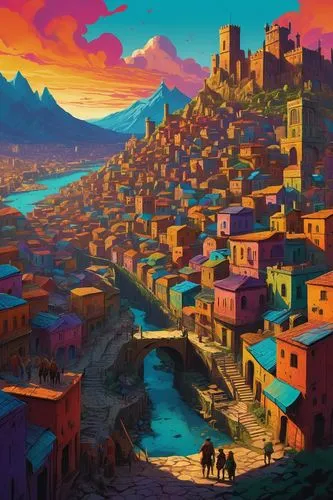 Imagine a movie poster  portraying a poor city on front while in the back is a rich citadel, vivid colors, 4k resolution,meteora,colorful city,volterra,medina,ancient city,tuscan,izmir,morocco,kurdist