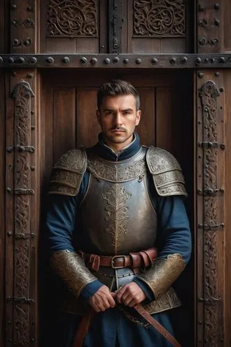 close portrait of a medieval Guard, upright posture, series and manly, guarding in the center of a big wooden door, the door is adorned with intricate iron details, photorealistic, dramatic photograph