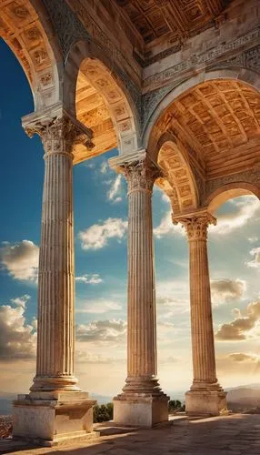 Earth, fire, air, water, four elements, ancient Greek, classical, ornate, Corinthian columns, arches, domes, sculptures, friezes, Tuscan pillars, marble, granite, stone carvings, intricate details, sy