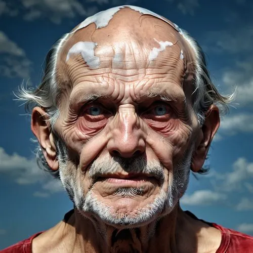 A surreal, hyper-realistic image of an old man's face, with deep wrinkles and wise, piercing eyes. His face is covered with subtle, paint-like textures and fine cracks, giving a sense of age and exper