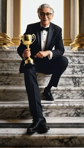 Modern trophy, sleek design, golden metal material, geometric shape, intricate details, reflective surface, awarded to a mature architect, bespectacled, grey hair, black tuxedo, bow tie, holding troph