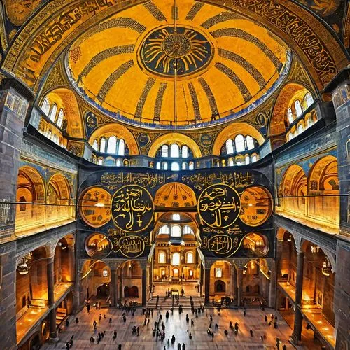 Byzantine architecture, Hagia Sophia, Istanbul, Turkey, grand dome, intricate mosaics, golden accents, ornate marble columns, vaulted ceilings, Byzantine crosses, arches, majestic entrance, Ottoman in