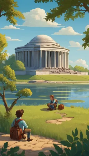 jefferson memorial,thomas jefferson memorial,jefferson monument,tidal basin,cg artwork,idyllic,cartoon video game background,concept art,game illustration,picnic,egyptian temple,lincoln memorial,landscape background,uscapitol,background image,ancient greek temple,golf course background,backgrounds,capitol,picnic boat,Art,Classical Oil Painting,Classical Oil Painting 31