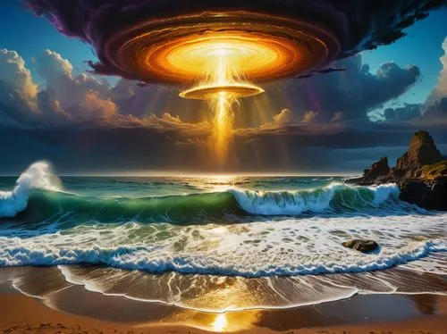 motherships,mushroom cloud,ufo,alien world,fantasy picture,lenticular,Photography,General,Fantasy