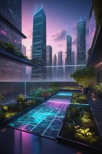 Modern, futuristic, high-tech, blockchain architecture, sleek lines, metallic materials, neon lights, urban cityscape, skyscraper, rooftop garden, 3/4 composition, low-angle shot, dramatic lighting, m