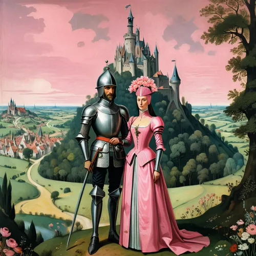 couple of woman in medieval dress with high cap headdress and knight in armor with open visor holding bouquet of flowers standing next to each other, storybook illustration, Terry Oakes, tumblr, forma