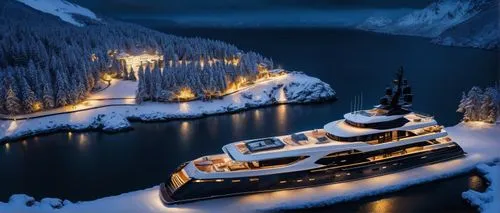 luxury yacht,superyacht,yacht,yacht exterior,royal yacht,icebreaker,boat landscape,yachts,power boat,ice boat,on a yacht,stack of tug boat,docked,houseboat,pontoon boat,cruise ship,coastal motor ship,speedboat,night snow,passenger ship,Photography,General,Cinematic