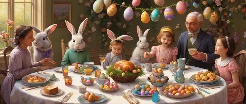 Bring the Easter spirit to life with a heartwarming GIF of a family celebration.,painting easter egg,painting eggs,easter eggs,easter celebration,easter theme,easter brunch,easter rabbits,easter-color