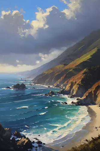 pacific coastline,pacific coast highway,coastal landscape,highway 1,beach landscape,coast line,pebble beach,coastline,cliffs ocean,mountain beach,cliff coast,carmel by the sea,the coast,bixby creek bridge,half moon bay,seascape,ocean view,mendocino,sea landscape,cliffs,Conceptual Art,Oil color,Oil Color 11