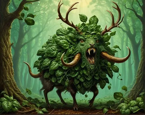 cernunnos,treebeard,greenman,druidic,mastodon,mandragora,Illustration,Realistic Fantasy,Realistic Fantasy 22