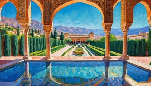 alhambra,persian architecture,la kasbah,kasbah,yazd,fathabad,kashan,iranian architecture,marble palace,mahdavi,orangerie,dorne,ghazaliya,marrakech,caravanserai,water palace,reflecting pool,tehranis,persia,jamahiriya,Conceptual Art,Oil color,Oil Color 25