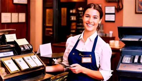 Young adult woman, cashier, smiling, white blouse, dark blue apron, name tag, holding cash register, standing behind counter, soft focus background, warm lighting, shallow depth of field, 3/4 composit