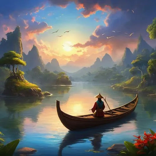 boat landscape,landscape background,canoe,canoeing,canoes,fantasy picture,Illustration,Realistic Fantasy,Realistic Fantasy 01