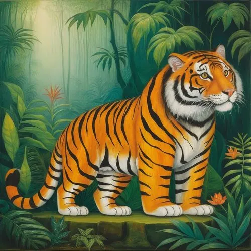 A Bengal Tiger in a rainforrest. ,a painting of a tiger on display with plants and water in the background,a tiger,bengal tiger,asian tiger,harimau,stigers,sumatrana,Illustration,Abstract Fantasy,Abst