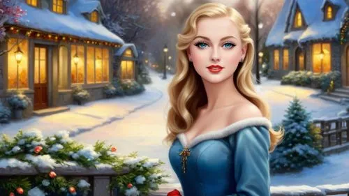 Romantic masterpiece oil painting, cute girl portrait, nostalgic 1950's style kitsch, breathtaking beautiful winter kingdom landscape, majestic fantasy scenery, evening lighting, highly detailed highr