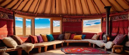 Cozy yurt interior, Mongolian style, warm beige fabric walls, colorful traditional patterns, soft warm lighting, wooden flooring, plush sheepskin rug, minimal furniture, low seating, woven baskets, vi