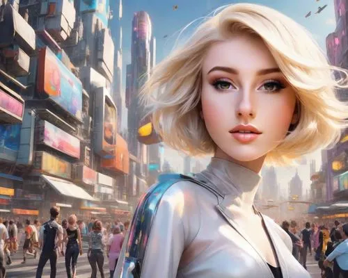 world digital painting,sci fiction illustration,city ​​portrait,fantasy portrait,metropolis,transistor,digital painting,blonde woman,cg artwork,futuristic,fantasy art,blonde girl,cyberpunk,elsa,dystopian,fantasy city,digital art,dystopia,3d fantasy,ann margarett-hollywood