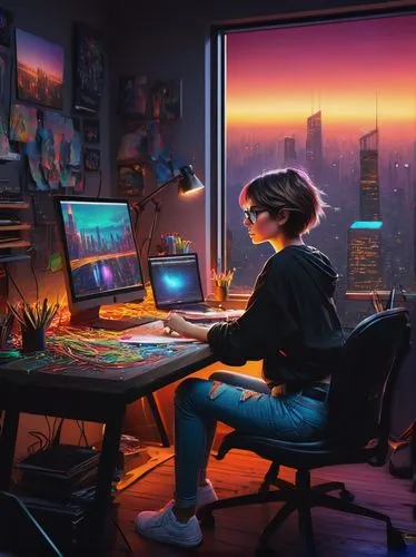 girl at the computer,girl studying,world digital painting,cyberpunk,computer addiction,computer room,computer desk,man with a computer,computer freak,computer,computer workstation,study room,working space,desk,night administrator,sci fiction illustration,computer art,playing room,illustrator,computer game,Illustration,Realistic Fantasy,Realistic Fantasy 32