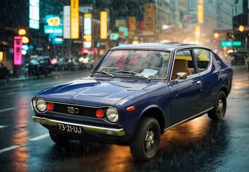 driving along street, cyberpunk city, cinematic lighting, raining,autobianchi bianchina,renault 8,fiat 125,innocenti mini,polski fiat 125p,autobianchi a112,fiat 124,datsun sports,renault 4,seat 600,fi