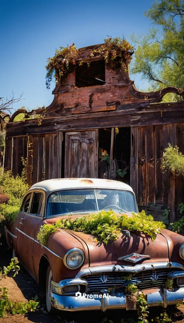 Abandoned architectural salvage yard, Sacramento, California, rusty gates, old wooden fences, scattered vintage building materials, worn brick walls, overgrown with vines, distressed metal roofs, anti