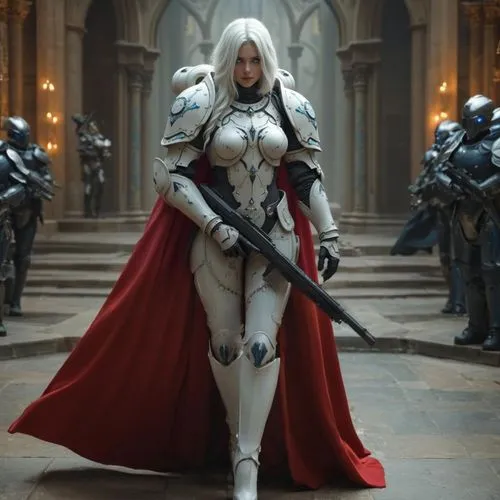 a beautiful woman in intricate futuristic white armor, adepta sorita, sister of battle, warhammer 40k, pale skin, blue glowing eyes, full body, curvy body, realistic, cinematic, red cloak, cathedral b