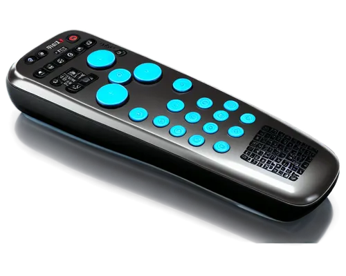 Remote control, futuristic design, metallic material, sleek lines, glowing blue LED lights, circular buttons, ergonomic grip, thumb rest, 3/4 composition, shallow depth of field, dramatic lighting, hi