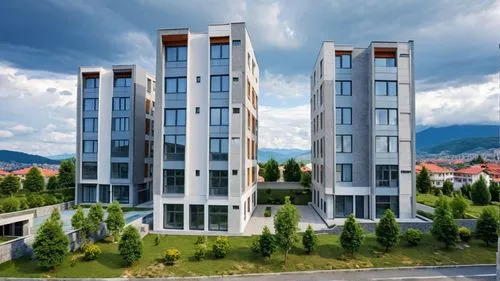 a group of modern apartment buildings sit in the grass,appartment building,plattenbau,zilmer,krasnaya polyana,inmobiliaria,velenje,Photography,General,Realistic