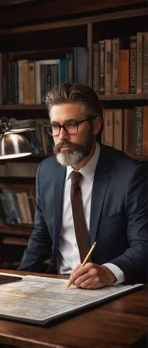 Texas style building, architecture license plate, framed certificate, wooden desk, office interior, professional attire, middle-aged male architect, glasses, short brown hair, beard, white shirt, tie,