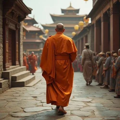 the pope in an orange buddhist monks robe, walking towards a buddhist temple in Lhasa, ultrarealistic, HDR, nice bokeh, intricate details,monk in orange robes walking on a stone road,buddhists monks,b