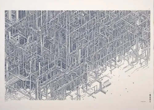 arcology,falsework,frame drawing,isometric,substructures,trellises,neuromancer,architectures,ultrastructure,deconstructivist,deconstructivism,gridded,hypercube,constructs,escher,unbuilt,city blocks,megastructures,scaffolding,metropolis,Illustration,Japanese style,Japanese Style 10