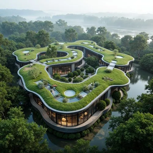 amazonica,futuristic architecture,ecotopia,roof landscape,amanresorts,ecovillages,grass roof,anantara,hangzhou,landscaped,earthship,safdie,forest house,floating islands,floating island,biopiracy,asian architecture,roof domes,terraces,roof garden