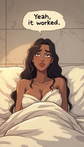 Draw in anime style: An ebony Amazon with long hair is in white robes sitting up in a bed in a white marble room. Pale orange lighting. There are no windows or doors. A flat marble wall is behind her.