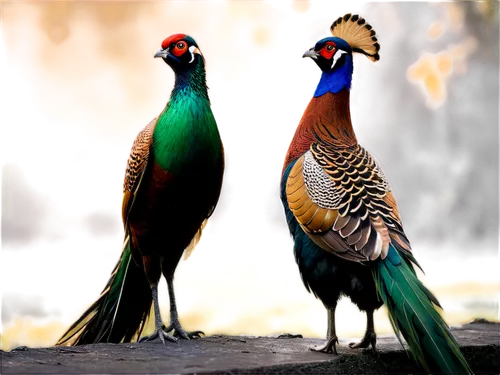 Pheasant, male, vibrant plumage, green head, golden brown body, long tail feathers, standing, looking back, majestic pose, morning sunlight, soft focus, shallow depth of field, warm color tone, cinema