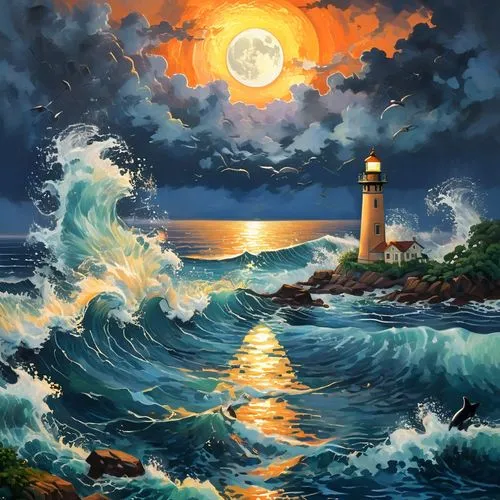 lighthouse,lighthouses,sea landscape,light house,seascape,ocean background,electric lighthouse,world digital painting,coastal landscape,sea night,ocean,sea storm,fantasy picture,el mar,art painting,landscape background,phare,light station,petit minou lighthouse,tide,Conceptual Art,Daily,Daily 31