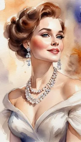 maureen o'hara - female,pearl necklace,watercolor women accessory,bridewealth,love pearls,bridal jewelry,Illustration,Paper based,Paper Based 24