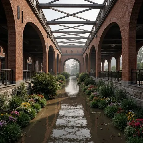 Rustic bridge, textured brickwork, earthy tones, natural stone foundations, steel arches, industrial chic, urban landscape, misty morning, soft warm lighting, shallow depth of field, 1/1 composition, 