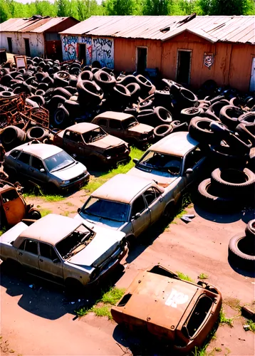 Abandoned junkyard scene, old rusty cars, broken machinery, scattered tires, crushed boxes, tangled wires, worn-out signs, graffiti on walls, afternoon sunlight, high angle shot, shallow depth of fiel