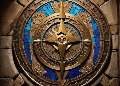 Ancient, mysterious aegis symbol, intricate design, golden metallic material, worn, weathered texture, ceremonial, mythological, heroic, legendary, shield emblem, medieval fantasy setting, grand hall,