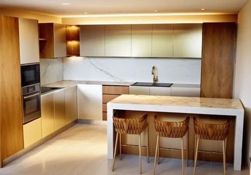 The cozy kitchen of a modern u-shaped kitchen is illuminated by soft hints of oak, with a serene island surrounded by lush greenery. The wood is made of smooth, polished wood, and the island is adorne