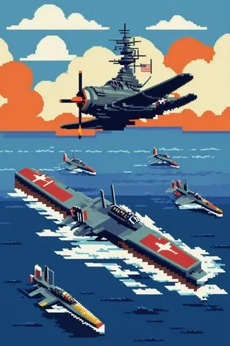 The Battle of Midway,a painting of airplanes, airplanes and fighter jets,jmsdf,supercarriers,aircraft carrier,battleships,yamato,warships,Unique,Pixel,Pixel 01