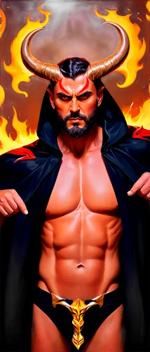 Horned Satan, muscular male, red skin, sharp facial features, goatee beard, piercing eyes, horns curved upwards, black wings spread wide, majestic pose, luxurious velvet cloak with golden trim, intric