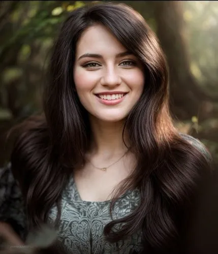 a portrait of a beautiful caucasian girl 26 years old black hair smiling in a stamping dress in a forest as background in 4k,indian celebrity,pooja,indian,amitava saha,beautiful young woman,humita,a g