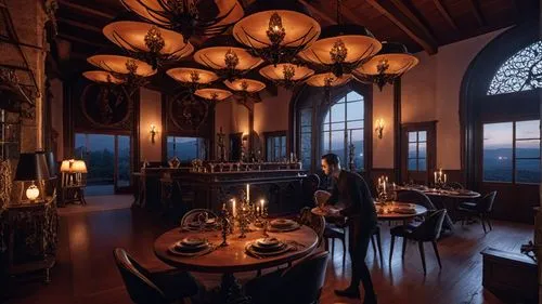 realistic render  , realistic people , light pendent  , material realistic , food on plates,a large dining room with a table and chairs, in the middle of the night,ornate room,victorian room,inglenook