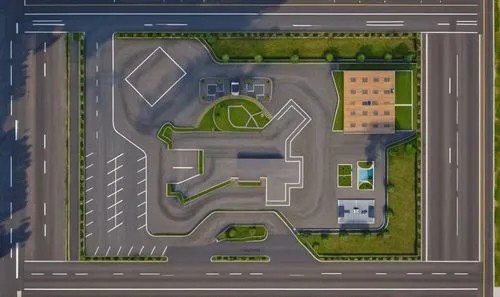 There is a road at the top and bottom and running from the right and left,highway roundabout,roundabout,intersection,paved square,parking lot under construction,traffic junction,race track,hospital la